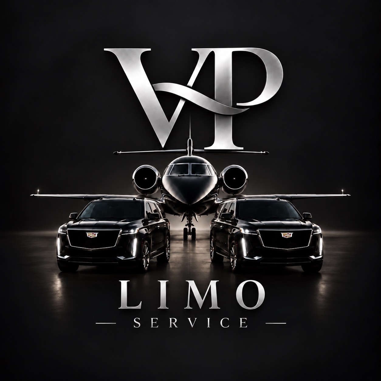 VP Limo Service silver logo with two black Cadillac Escalades